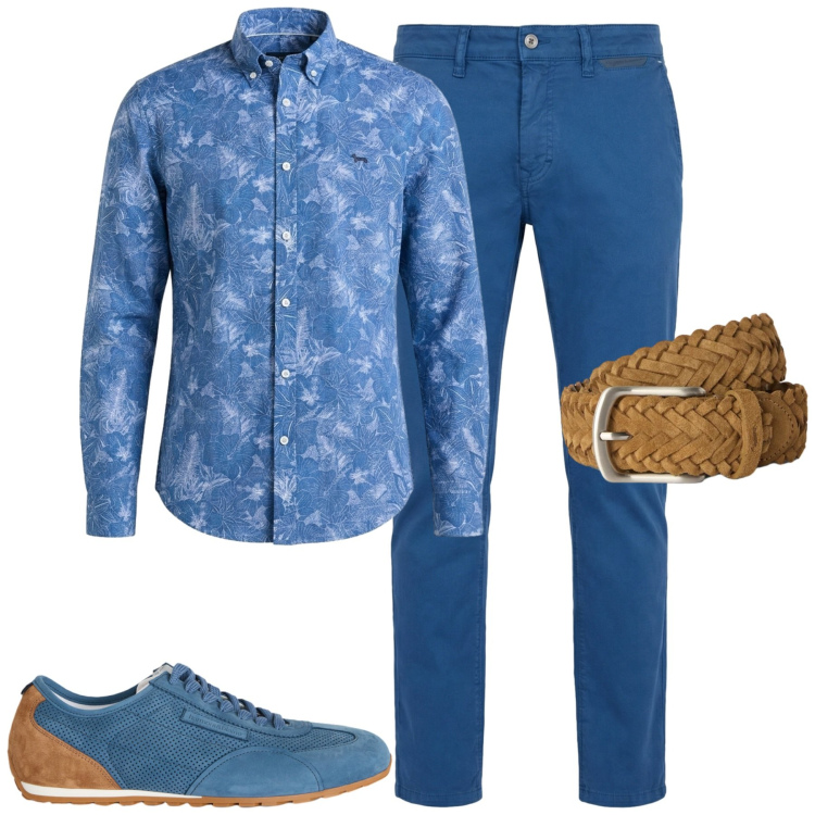 Outfit uomo - Blu e cuoio. Stile Trendy per Serata speciale. Abbinamento con pantaloni, sneakers, camicie, cinture.