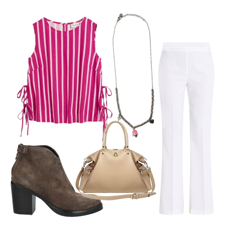 Outfit donna - Maglietta fucsia. Stile Urban per Serata fuori. Abbinamento con stivaletti, canottiere, shopping bag, ciondoli, pantaloni.