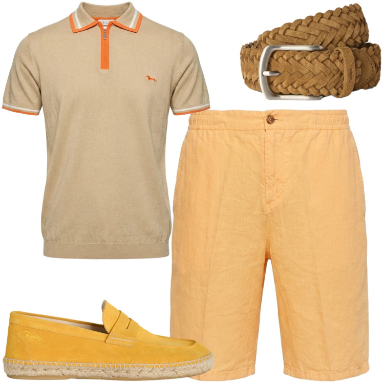 Outfit uomo - Luglio. Stile Casual per Tutti i giorni. Abbinamento con polo, bermuda, espadrillas, cinture.
