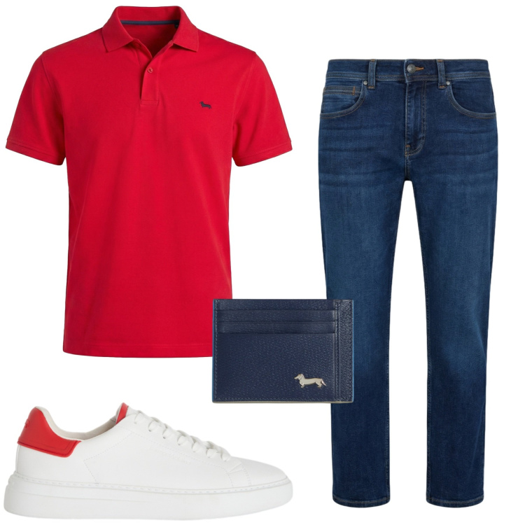 Outfit uomo - Luglio. Stile Casual per Tutti i giorni. Abbinamento con portafogli, sneakers, polo, jeans dritti.