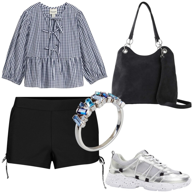 Outfit donna - Stampe che illuminano Curvy. Stile Romantica per Tutti i giorni. Abbinamento con sneakers, pantaloni corti, borse a mano, bluse, anelli.