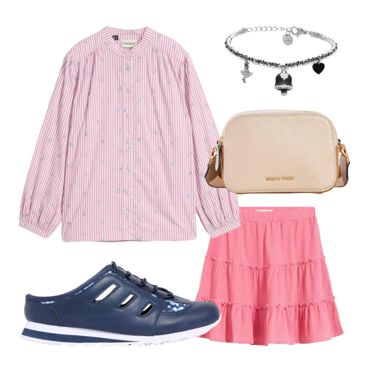 Outfit donna - Sporty chic di giorno. Stile Sporty chic per Tutti i giorni. Abbinamento con camicie, borse a tracolla, minigonne, ciabatte, braccialetti.