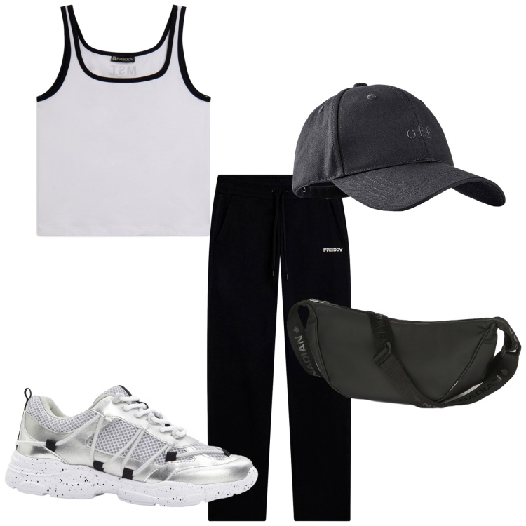Outfit donna - Total look #2442744. Stile Basic per Sport. Abbinamento con cappelli con visiera, sneakers, marsupi, canottiere, pantaloni.