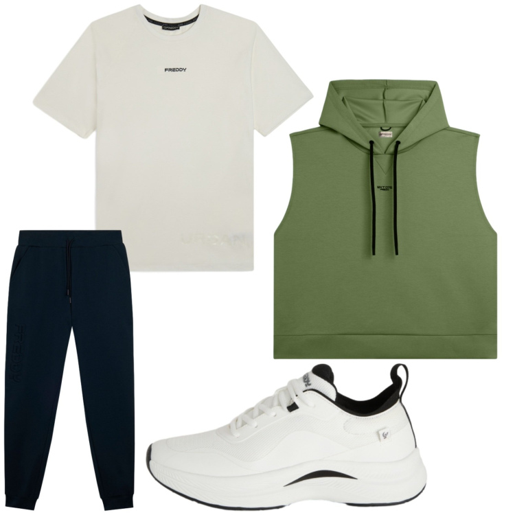 Outfit uomo - Total look #2442746. Stile Trendy per Sport. Abbinamento con t-shirt, sneakers, pantaloni, felpe con cappuccio.