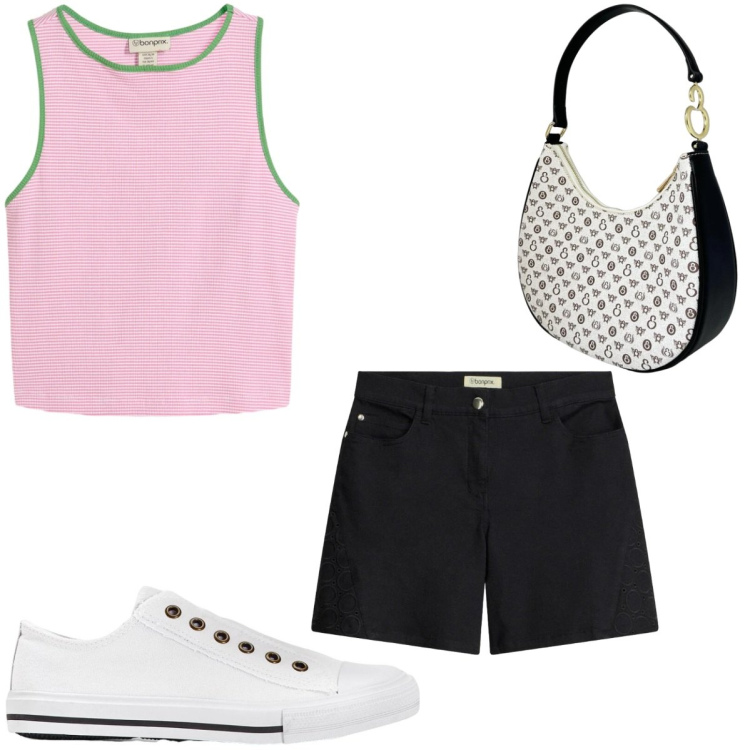 Outfit donna - Stampe che illuminano Curvy. Stile Casual per Tutti i giorni. Abbinamento con sneakers, canottiere, shorts, borse a spalla.