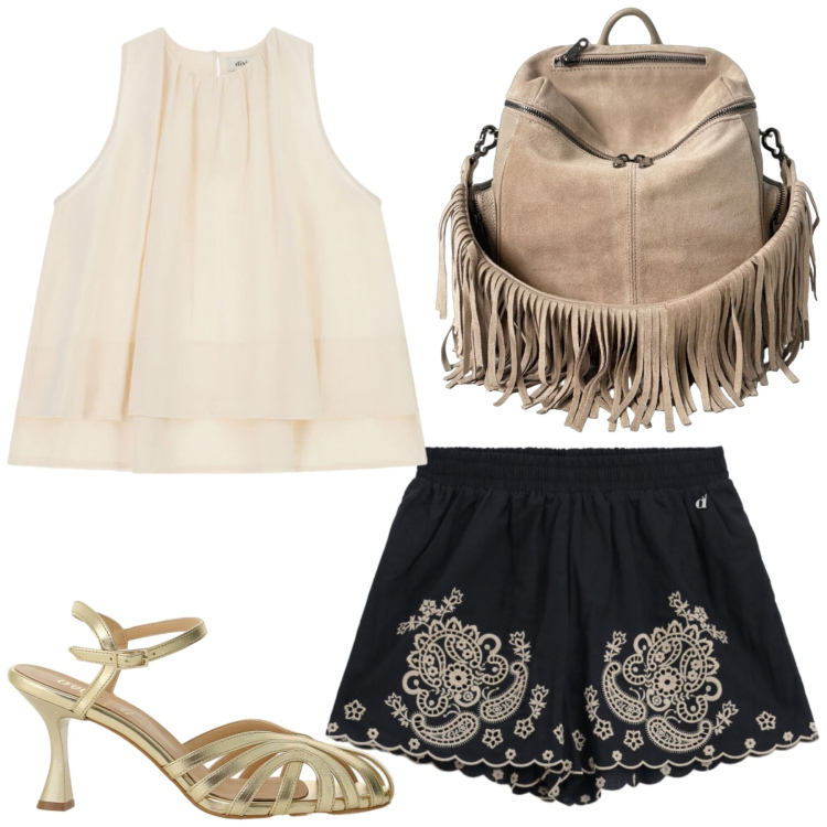 Outfit donna - Total look #2442750. Stile Trendy per Serata fuori. Abbinamento con zaini, sandali col tacco, shorts, top.