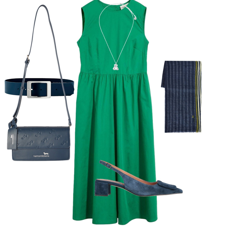 Outfit donna - Contrasto colore. Stile Casual chic per Ufficio. Abbinamento con décolleté, vestiti midi/longuette, cinture, borse a tracolla, sciarpe, ciondoli.