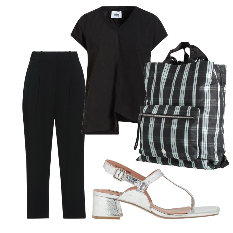 Outfit donna - Minimal chic di sera. Stile Minimal per Serata fuori. Abbinamento con pantaloni, zaini, infradito, t-shirt.
