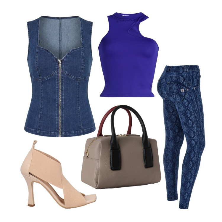 Outfit donna - Luglio. Stile Sexy per Serata fuori. Abbinamento con sandali in pelle, top, borse a mano, jeans skinny, gilet.
