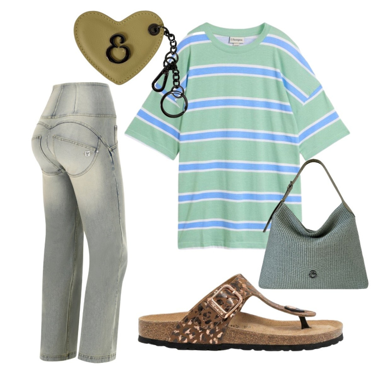 Outfit donna - Jeans push up. Stile Military per Tutti i giorni. Abbinamento con infradito, t-shirt, borse a spalla, portachiavi, jeans.