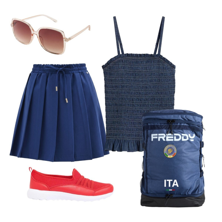 Outfit donna - Peccato ero pronta per i mondiali. Stile Sporty chic per Tutti i giorni. Abbinamento con occhiali da sole, sneakers, top, zaini, minigonne.
