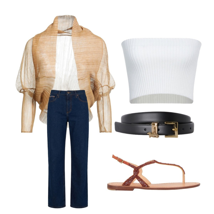 Outfit donna - Luglio. Stile Basic per Serata fuori. Abbinamento con infradito, blazer, top, jeans, cinture.