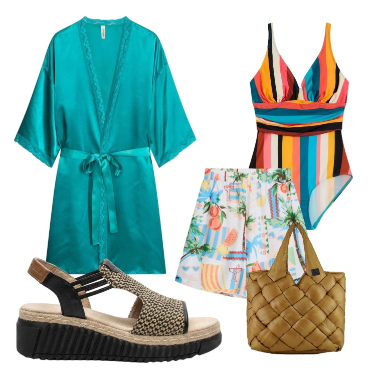 Outfit donna - Luglio. Stile Trendy per Mare. Abbinamento con costumi interi, shorts, sandali, kimono, borse tote.
