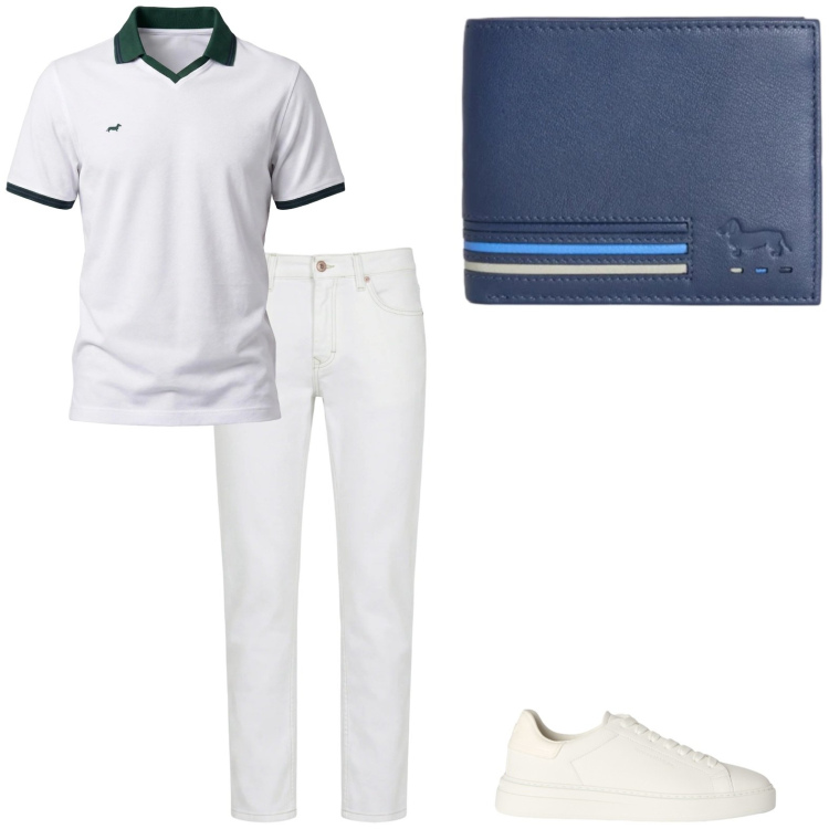 Outfit uomo - Total look #2442782. Stile Trendy per Ufficio. Abbinamento con jeans, portafogli, polo, sneakers.