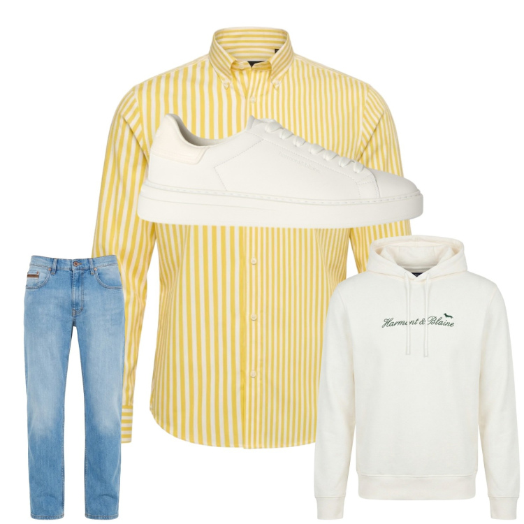 Outfit uomo - Total look #2442786. Stile Trendy per Ufficio. Abbinamento con jeans, felpe con cappuccio, camicie, sneakers.