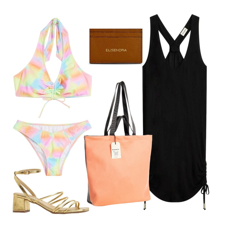 Outfit donna - Luglio. Stile Sporty chic per Mare. Abbinamento con sandali col tacco, bikini, vestiti da spiaggia, portafogli, borse tote.