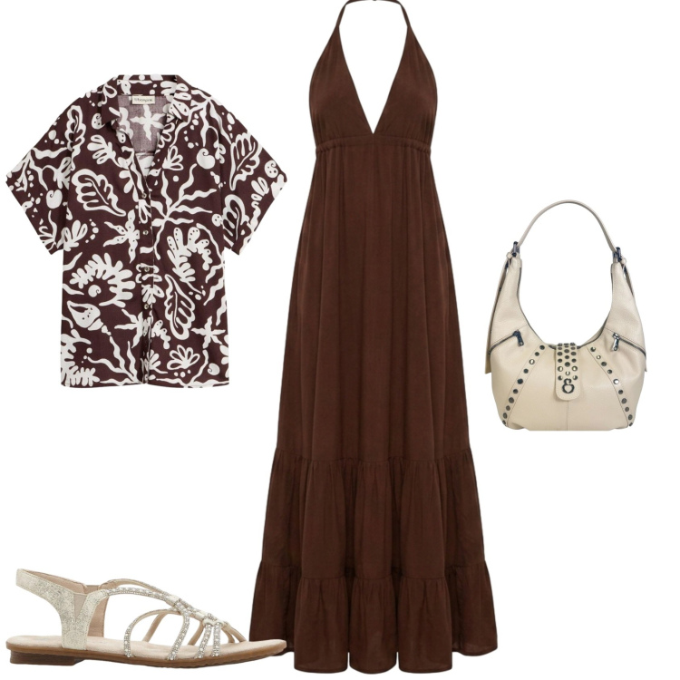 Outfit donna - Total look #2442789. Stile Boho per Mare. Abbinamento con sandali, camicie a manica corta, vestiti lunghi, borse a spalla.