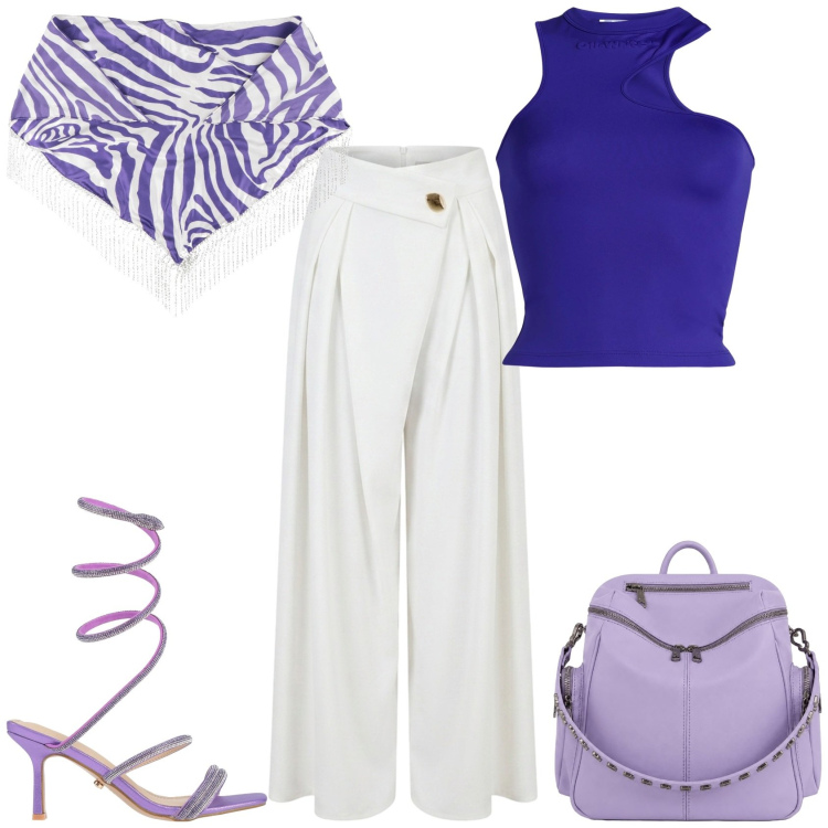 Outfit donna - Chic serata. Stile Chic per Serata fuori. Abbinamento con stole, top, sandali col tacco, zaini, pantaloni a palazzo.