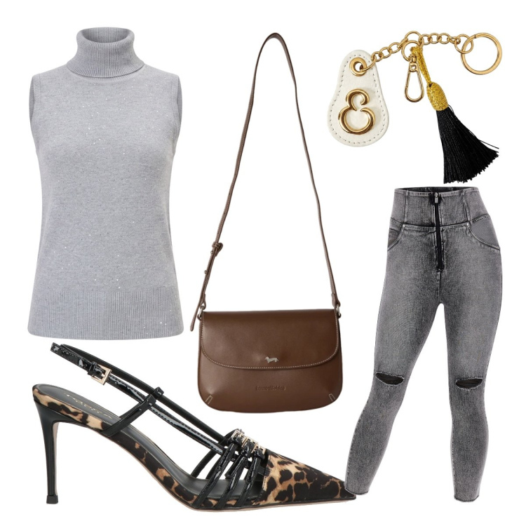 Outfit donna - Décolleté leopardate. Stile Trendy per Serata fuori. Abbinamento con décolleté, borse a tracolla, portachiavi, jeans skinny, camicie a manica corta.