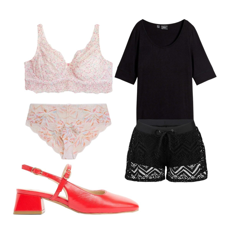 Outfit donna - Luglio. Stile Minimal per Serata fuori. Abbinamento con pantaloni corti, maglieria, décolleté, culotte, reggiseni.