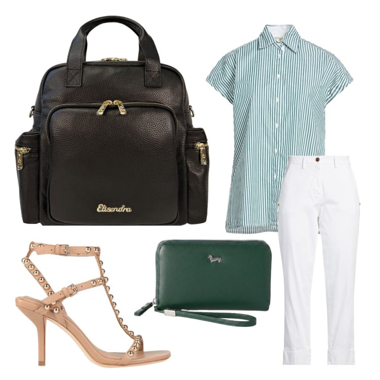 Outfit donna - Luglio. Stile Urban per Serata fuori. Abbinamento con pantaloni, sandali in pelle, camicie a manica corta, portafogli, zaini.