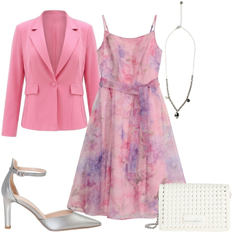 Outfit donna - Total look #2442805. Stile Romantica per Cerimonia. Abbinamento con vestiti corti, borse a tracolla, ciondoli, blazer, décolleté.