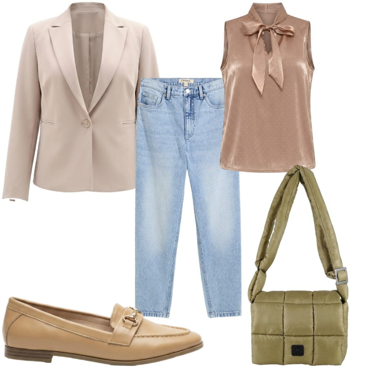 Outfit donna - Total look #2442806. Stile Casual chic per Ufficio. Abbinamento con jeans mom, mocassini, borse a spalla, blazer, top.