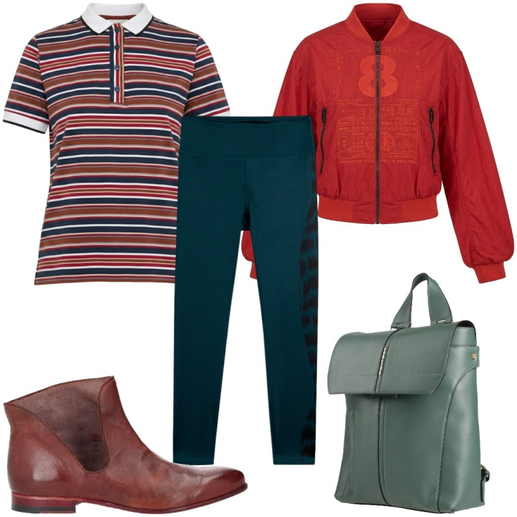 Outfit donna - Total look #2442807. Stile Trendy per Tutti i giorni. Abbinamento con stivaletti, zaini, polo, leggings, bomber.