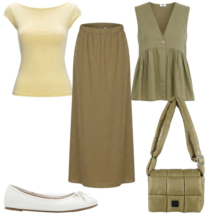 Outfit donna - Total look #2442809. Stile Minimal per Tutti i giorni. Abbinamento con ballerine, gonne lunghe, top, gilet, borse a spalla.