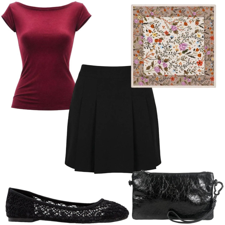 Outfit donna - Total look #2442811. Stile Glamour per Tutti i giorni. Abbinamento con ballerine, foulard, top, minigonne, pochette.