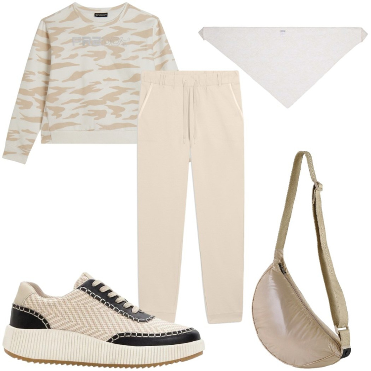 Outfit donna - Total look #2442813. Stile Trendy per Sport. Abbinamento con sneakers, foulard, pantaloni, felpe, borse a tracolla.