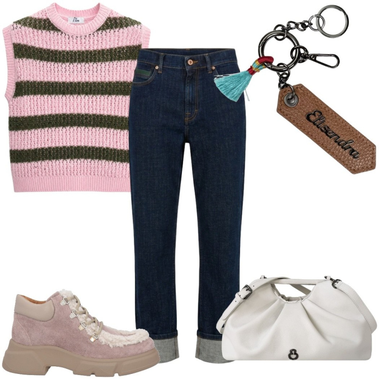 Outfit donna - Total look #2442815. Stile Casual per Tutti i giorni. Abbinamento con stivaletti, maglieria, jeans dritti, clutch, portachiavi.