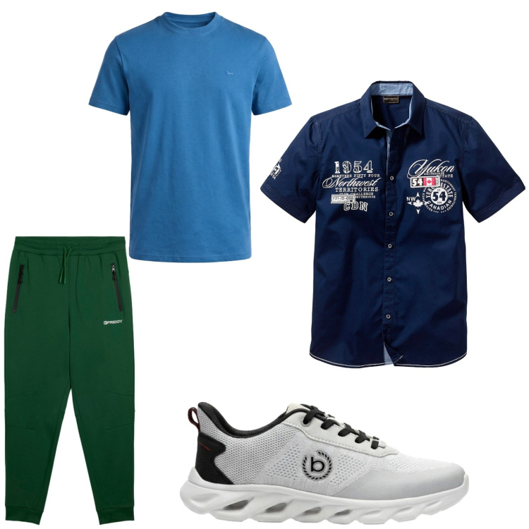 Outfit uomo - Total look #2442825. Stile Trendy per Tutti i giorni. Abbinamento con camicie a manica corta, sneakers, t-shirt, pantaloni.