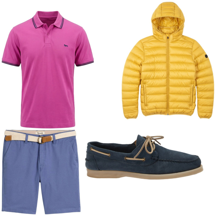 Outfit uomo - Total look #2442828. Stile Trendy per Tutti i giorni. Abbinamento con bermuda, polo, scarpe stringate, bomber.