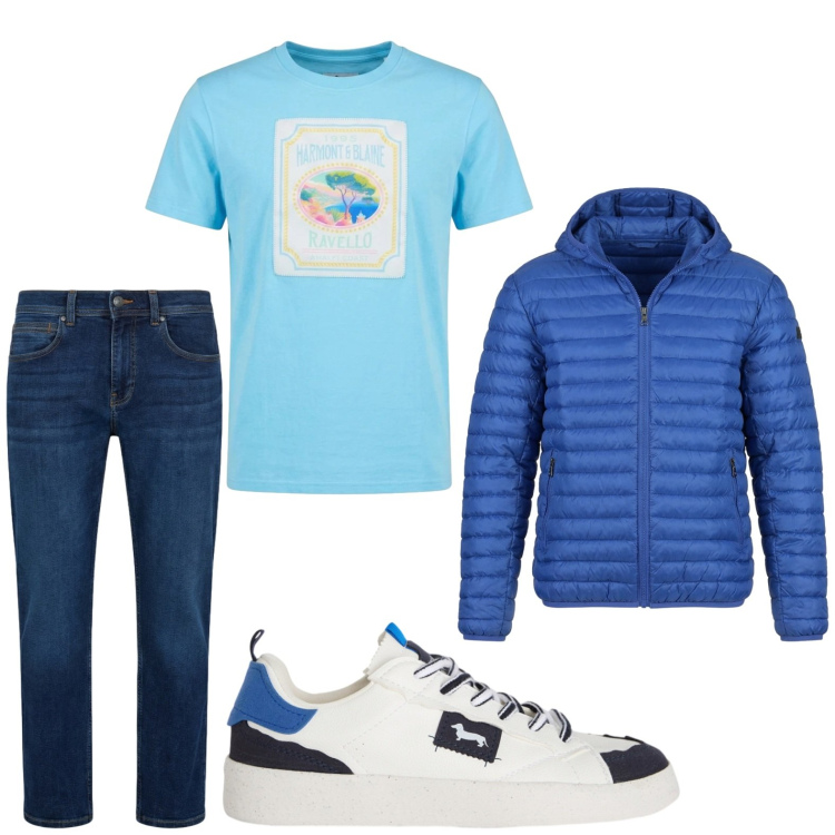 Outfit uomo - Total look #2442846. Stile Trendy per Tutti i giorni. Abbinamento con sneakers, jeans dritti, t-shirt, piumini.