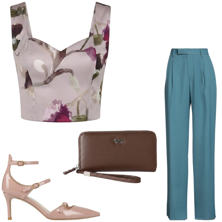 Outfit donna - Ad una cerimonia. Stile Chic per Cerimonia. Abbinamento con pantaloni, décolleté, portafogli, top.