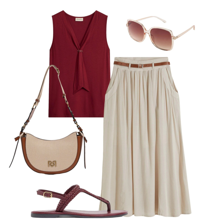 Outfit donna - Passeggiata estiva. Stile Casual chic per Tutti i giorni. Abbinamento con occhiali da sole, gonne lunghe, top, ciabatte, borse a tracolla.