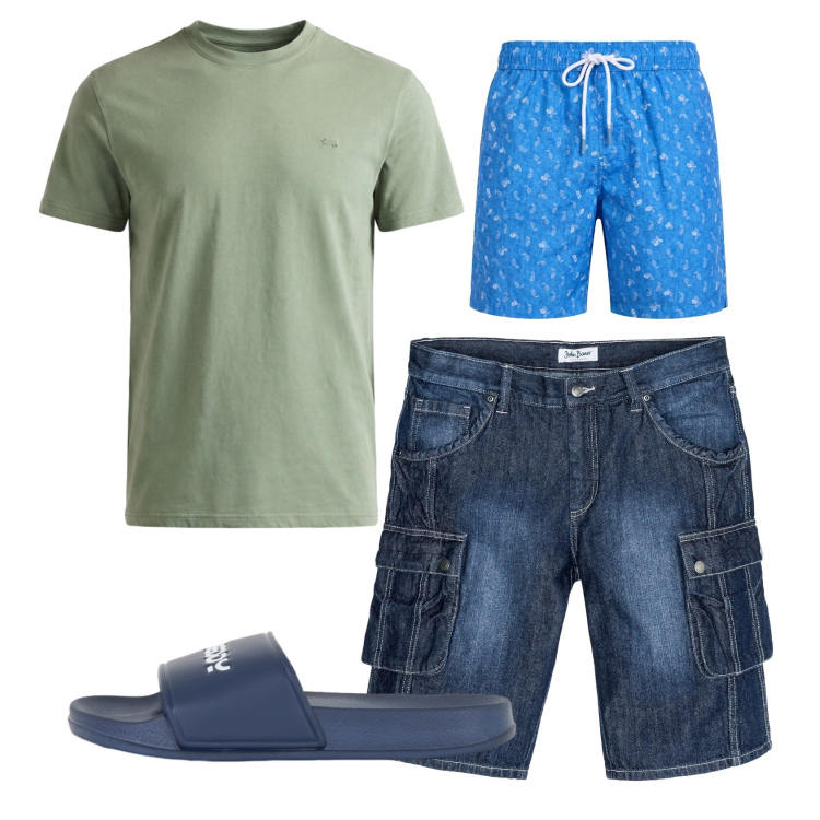 Outfit uomo - Total look #2442865. Stile Casual per Mare. Abbinamento con bermuda, t-shirt, costumi, sandali.