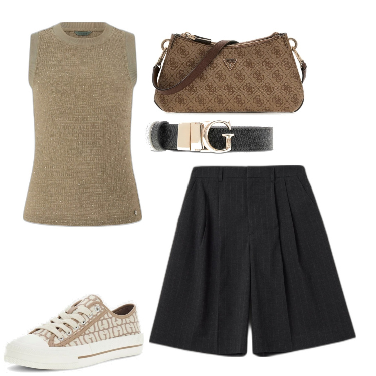 Outfit mujer - Chic #7155. Estilo Chic para Todos los días. Combinación con bermudas, bandoleras, sneakers, top, cinturones.