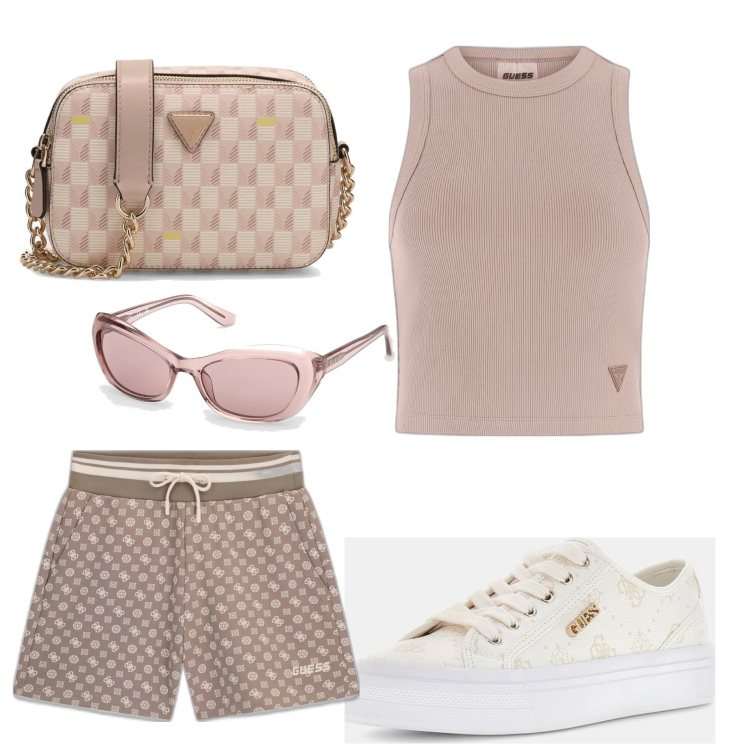 Outfit mujer - Casual chic #10154. Estilo Casual chic para Todos los días. Combinación con gafas de sol, bandoleras, sneakers, pantalones cortos, camisetas sin mangas.