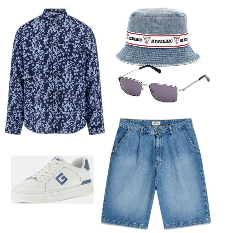 Outfit hombre - Casual #11583. Estilo Casual para Todos los días. Combinación con camisas, pantalones cortos, sneakers, sombreros, gafas de sol.