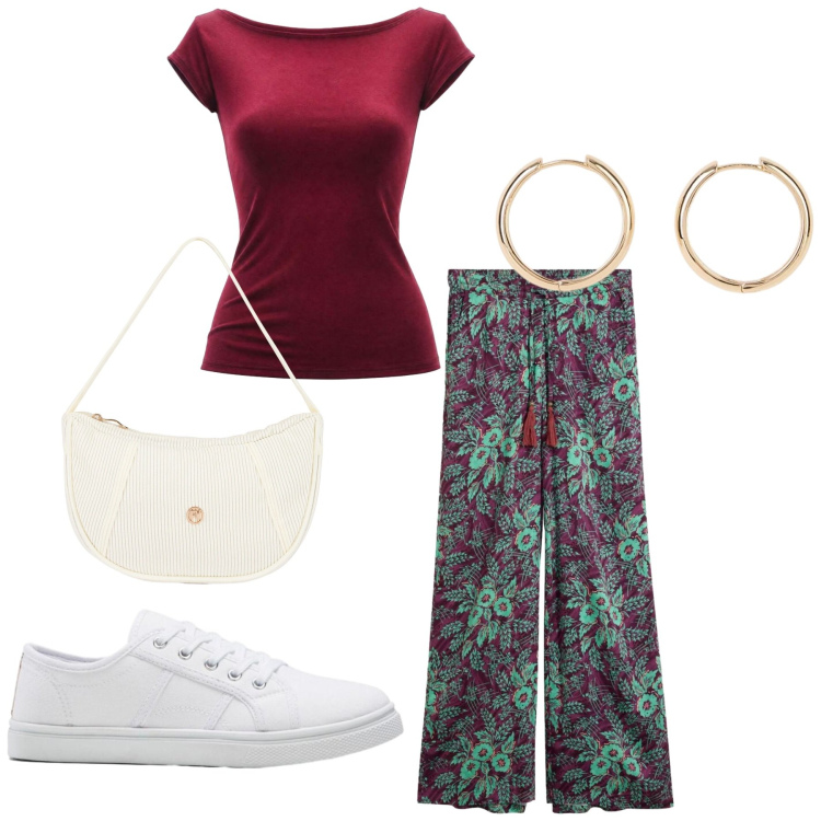 Outfit donna - Total look #2442879. Stile Basic per Sport. Abbinamento con orecchini, sneakers, pantaloni a palazzo, top, borse a mano.