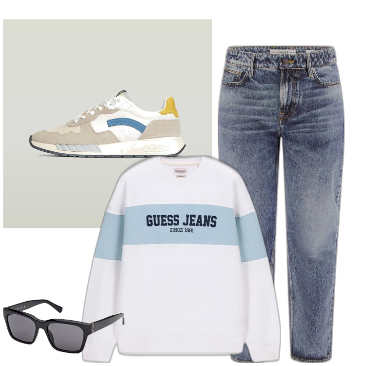 Outfit hombre - Casual #11585. Estilo Casual para Todos los días. Combinación con sudaderas, vaqueros slim fit, sneakers, gafas de sol.