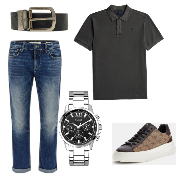 Outfit hombre - Casual #11586. Estilo Casual para Todos los días. Combinación con vaqueros slim fit, polo, sneakers, cinturones, relojes analógicos.