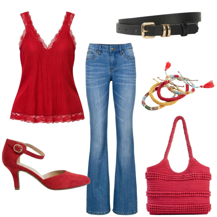 Outfit donna - Total look #2442887. Stile Casual chic per Serata fuori. Abbinamento con jeans bootcut, décolleté, cinture, shopping bag, braccialetti, canottiere.