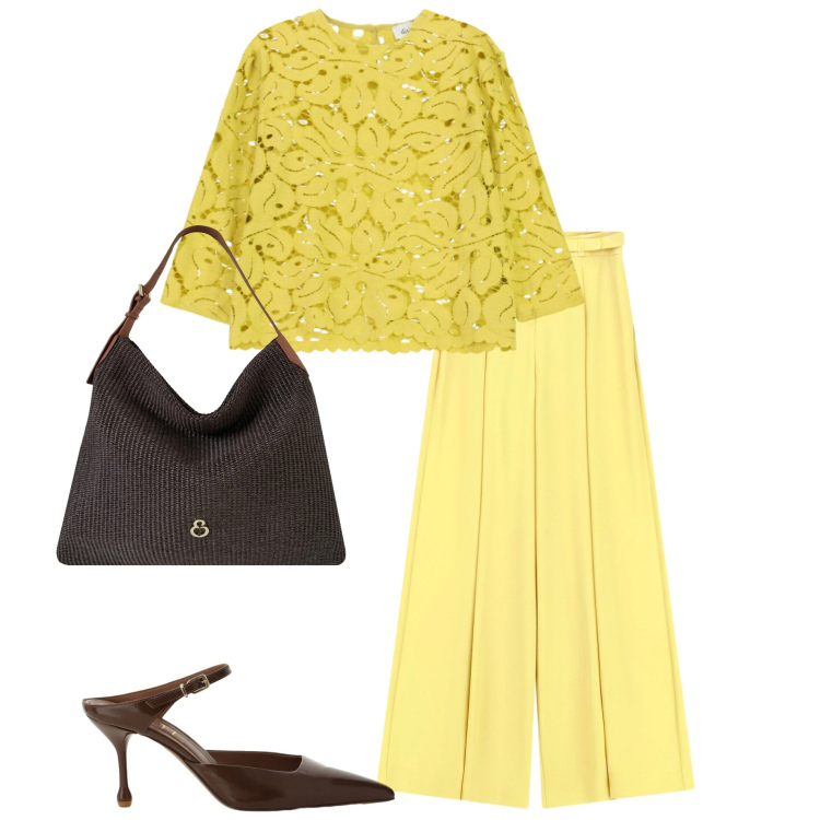 Outfit donna - Sunset gold. Stile Casual chic per Serata fuori. Abbinamento con pantaloni a palazzo, décolleté, top, borse a spalla.