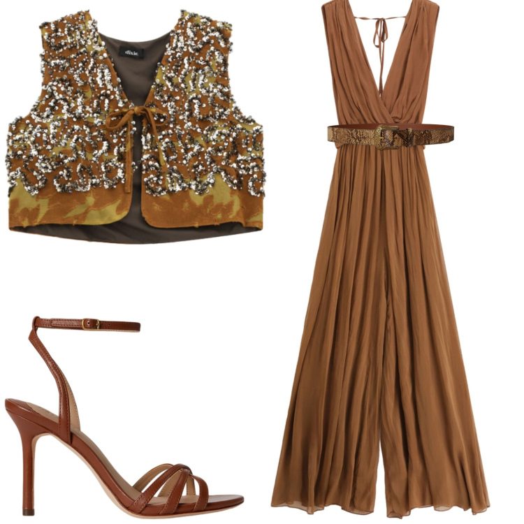 Outfit donna - Sunset gold. Stile Casual chic per Serata fuori. Abbinamento con sandali in pelle, cinture, tute, gilet.