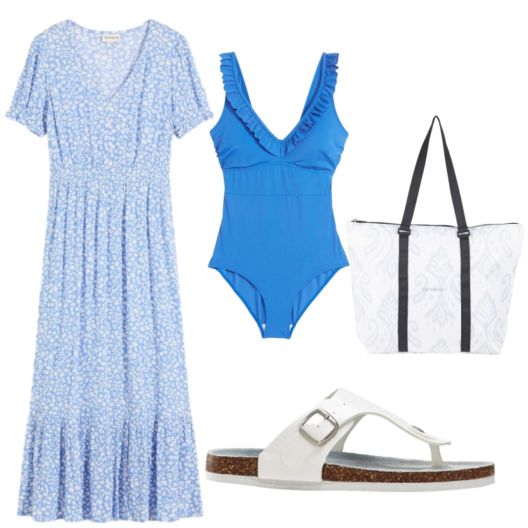 Outfit donna - Total look #2442897. Stile Romantica per Mare. Abbinamento con infradito, vestiti lunghi, costumi interi, shopping bag.