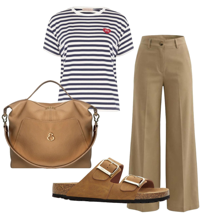 Outfit donna - Total look #2442909. Stile Basic per Tutti i giorni. Abbinamento con ciabatte, pantaloni a palazzo, borse a mano, t-shirt.
