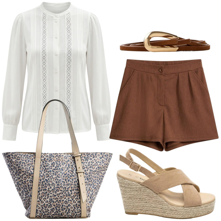 Outfit donna - Total look #2442910. Stile Bon Ton per Tutti i giorni. Abbinamento con shopping bag, sandali col tacco, cinture, pantaloni corti, camicie.